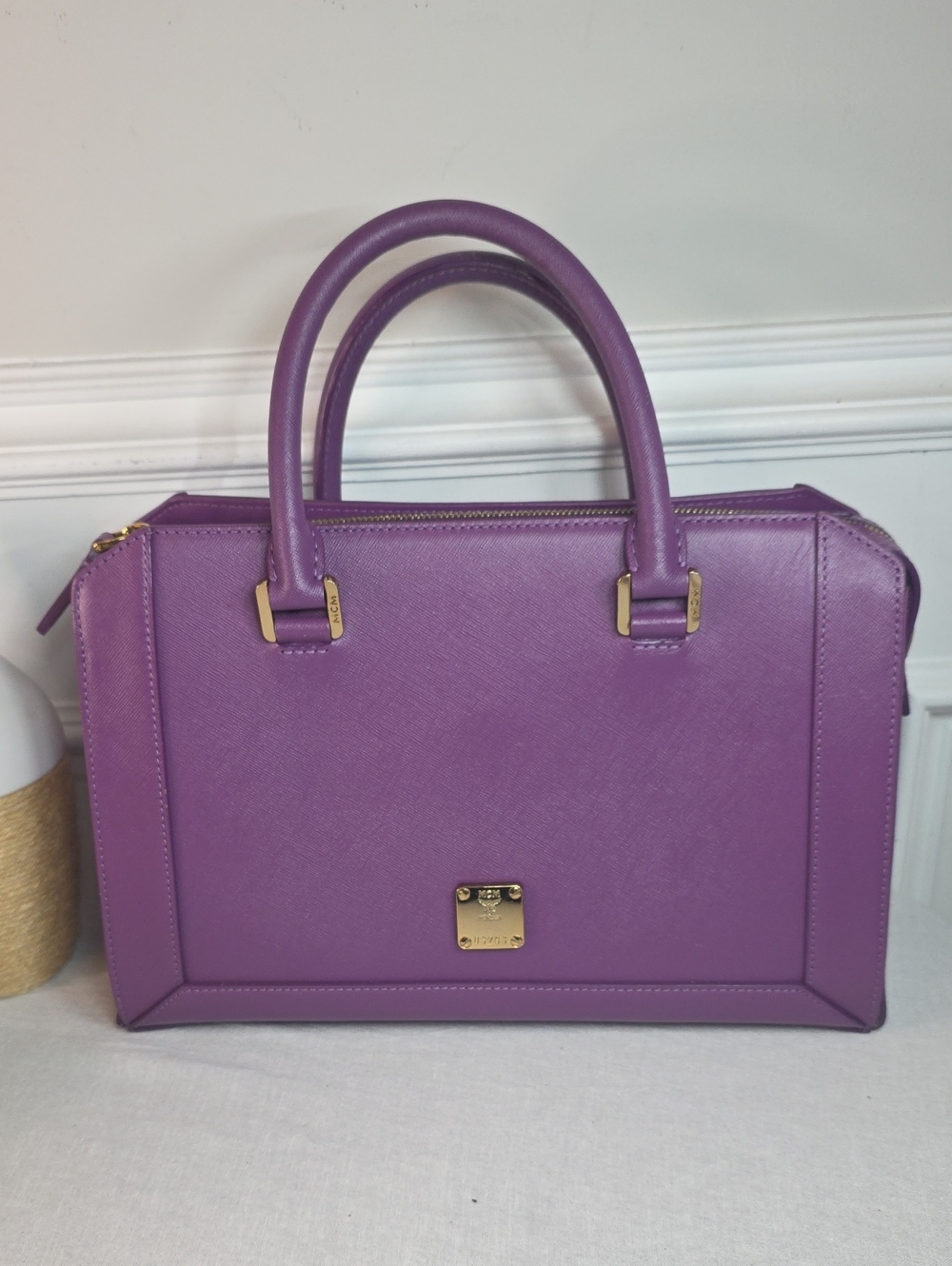 MCM Purple Structured Satchel with Gold Hardware & COA